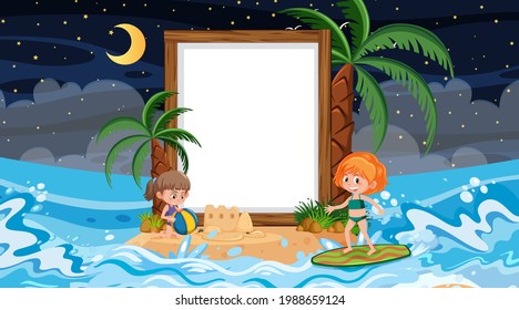 Kids on vacation at the beach night scene with an empty banner template
 illustration