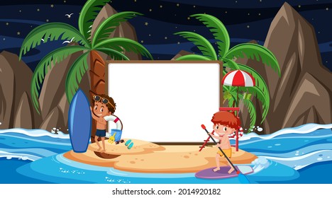 Kids on vacation at the beach night scene with an empty banner template
 illustration