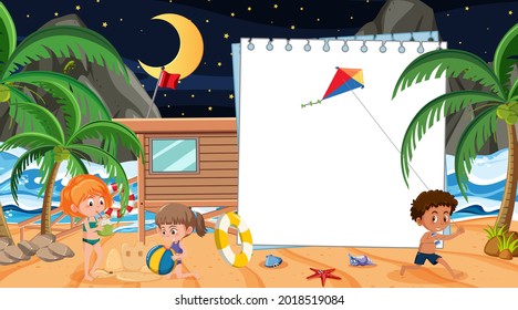 Kids on vacation at the beach night scene with an empty banner template
 illustration
