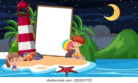 Kids on vacation at the beach night scene with an empty banner template
 illustration