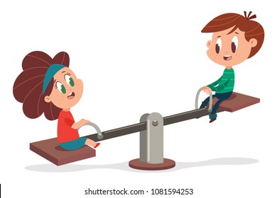 Kids on a wooden seesaw. Vector cartoon illustration of a cute boy and girl playing on a swing isolated on a white background.