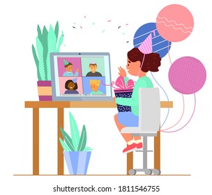 Kids Online Birthday Party. Birthday Girl With Gift Box And Balloons Celebrates With Friends By Videoconference. Flat Vector Illustration.