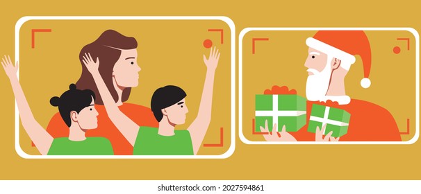 Kids online, christmas video call with santa claus. Flat vector stock illustration. Mom with kids. The child is happy. Santa's Christmas gifts. Social distance online. Christmas illustration