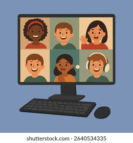  Kids Online Class Video Call on Computer – Cartoon Vector Illustration