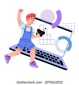 Kids Online Education Concept. Programming And Coding Learning For Children, Computer Technologies And Engineering Classes, Flat Vector Illustration Isolated On White Background.