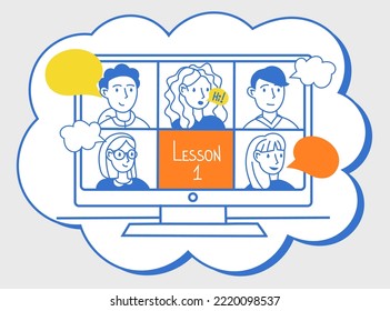Kids Online Education, Language online courses. Young people study lesson. Educational web seminar, internet classes, digital classroom, online teaching. Line vector illustration.