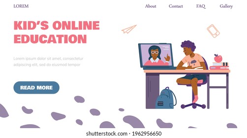 Kids online education website banner with boy studying online at home via video call, flat vector illustration. Children remote education and distance schooling.