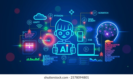 Kids online learning to coding, programming, prompt of neural network. Artificial intelligence or AI learning in internet for children. Child learns to work with neural networks on computer.
