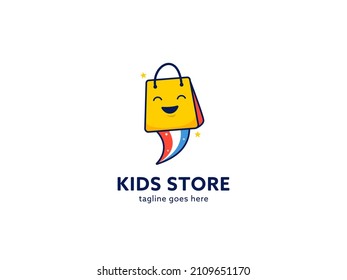 Logo de la tienda en línea para niños del mercado con el icono de la bolsa de compras feliz mascota que vuela con cola arco iris