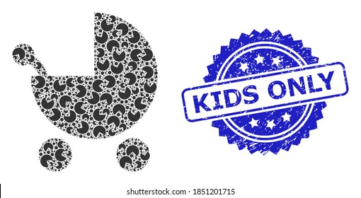 Niños Sólo precinto de caucho y carro de bebés de mosaico recursivo vectorial. El sello azul incluye la etiqueta Sólo niños dentro de la roseta. El mosaico vectorial se compone de iconos de carro de bebé rotados al azar.