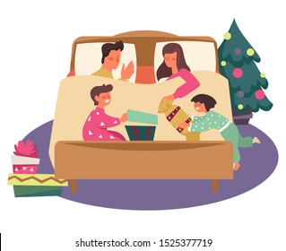 Kids opening Christmas presents in pajamas with parents still sleeping in bed. Boy and girl unwrapping gifts. Decorated fir tree indoors. Family xmas morning. Winter holidays vector illustration.