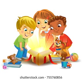 Kids opening a magic gifts beside a Christmas tree, Christmas miracle. A vector illustration in traditional style