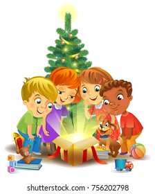 Kids opening a magic gifts beside a Christmas tree, Christmas miracle. A vector illustration in traditional style