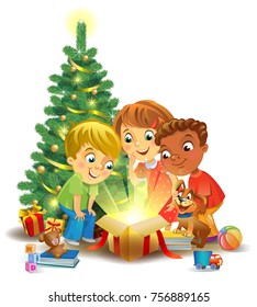 Kids opening a magic gifts beside a Christmas tree, Christmas miracle. A vector illustration in traditional style