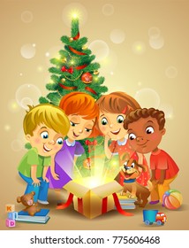 Kids opening a magic gifts beside a Christmas tree, Christmas miracle. A vector illustration in traditional style