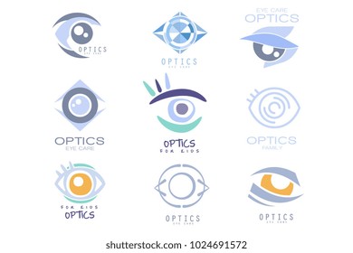 Kids Optics Clinic And Ophthalmology Cabinet Set Of Label Templates In Different Creative Styles And Light Blue Shades