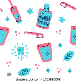 Kids oral care seamless vector pattern. Dental hygiene symbols clip art drawing.Dentist Medicine hand drawn icon. Textured illustration made in funny flat doodle style.