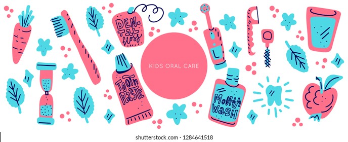 Kids oral care vector set. Dental hygiene for child - icons. Illustration made in doodle style, colourful background. Horizontal header web template.