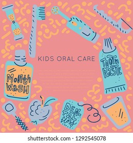 Kids oral care vector set. Dental hygiene for child - icons. Illustration made in doodle style, c round frame. Vector handdrawn isolated circle concept.