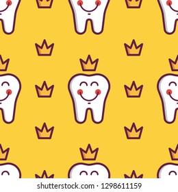 Kids oral care vector set. Seamless pattern with dental elements: teeth and crown