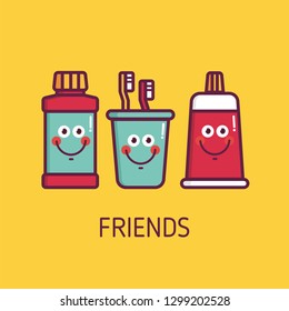 Kids oral care vector set. Dental hygiene for child - icons. Illustration about friendship with funny emoticon, colourful background