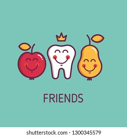 Kids oral care vector set. Dental hygiene for child - icons. Illustration about friendship with funny emoticon: apple, pear and teeth