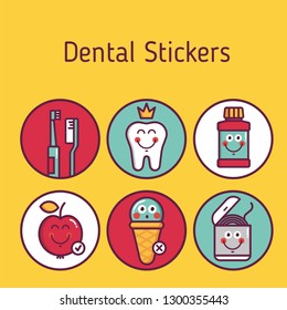 Kids oral care vector set. Dental hygiene for child - stickers: brushes, teeth, lotion, floss, apple, icecream