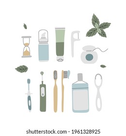 Kids oral care vector set. Hand drawn funny color illustration of dental hygiene tools for child. Dental floss, toothpaste, mouthwash, toothbrushes, mouse foam, tooth tissues, hourglass, mint leaves