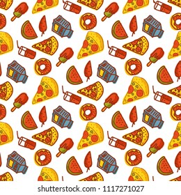 Kids organic menu hand drawn seamless pattern background vector cartoon cute cooking restaurant healthy fresh food.