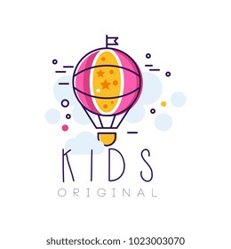 Kids original creative template, design element with air balloon hand drawn vector Illustration isolated on a white background
