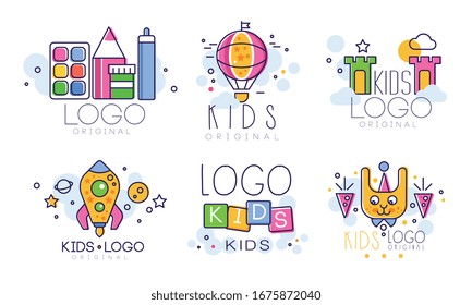 Kids Original Logo Design Collection, Children Education Club, Playground, Zone Colorful Badges Vector Illustration
