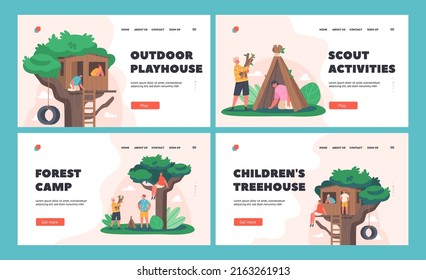 Kids Outdoor Activities Landing Page Template. Children Playing at Treehouse and Hut, Fun in Summer Forest Camp, Boys and Girls Characters Vacation, Game on Nature. Cartoon People Vector Illustration