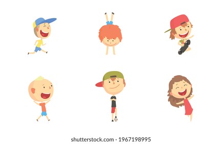 Kids Outdoor Activities Set, Cute Boys and Girls Jumping, Doing Handstand, Playing Ball, Having Fun Cartoon Vector Illustration