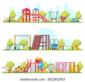 Kids Outdoor Fun Recreation Park Or Playground Banners. Swing, Slide And Sandbox Playground Equipment Vector Illustration Set. Children Playground Outdoor Leisure, Park Equipment