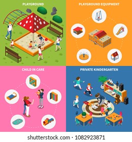 Kids outdoor games, equipment of play ground, child in care, private kindergarten, isometric concept, isolated vector illustration