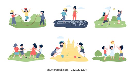 Kids outdoor play hopscotch, game children on nature. Cartoon child with ball, build sand castle and jumping with rope. Recent holidays vector scenes