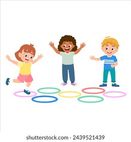 Kids outdoor play jumping hopscotch game which is for gross motor development of children. Flat vector illustration.