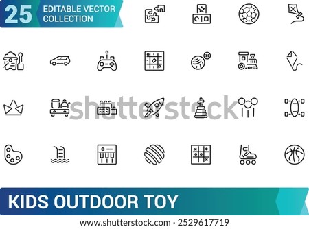 Kids outdoor toy icon set. Playground icon set. Related to children parks, slide, amusement. Modern outline icons. Editable stroke, Pixel perfect, vector illustration.