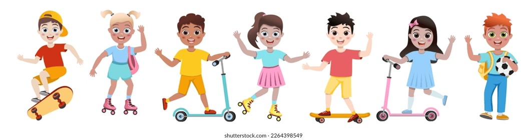 kids outdoors activity, roller skating.  rollerblading teenager active trendy leisure time outdoors, characters in colorful clothes, vector isolated set. ecological transport. Skateboarding. scooter