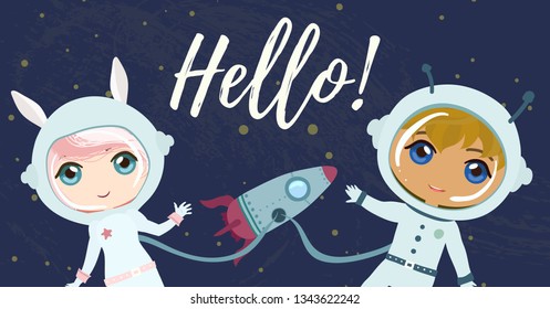 Kids in outer space. Cosmic banner.