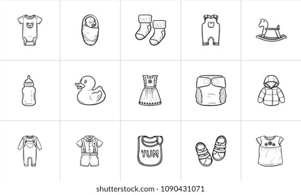 Kids outfit and supplies hand drawn outline doodle icon set for print, web, mobile and infographics. Baby infant kids vector sketch illustration set isolated on white background.