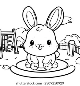 kids. Outlined bunny presenting. Vector illustration coloring page.
