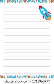Kids page for notebook with colorful circles and cartoon rocket.Printable page template design. Vector illustration