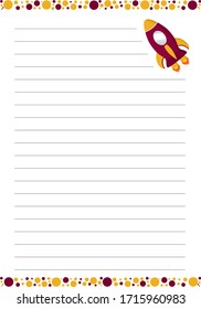 Kids page for notebook with colorful circles and cartoon rocket.Printable page template design. Vector illustration
