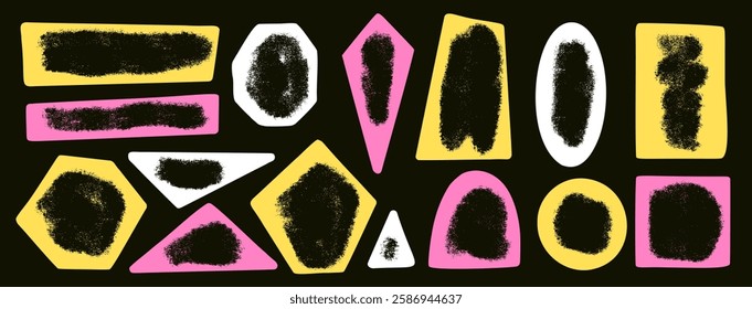 Kids paint geometric shapes with empty space set. Text boxes paint spray textured frames. Rounded and square figures. Vector hand drawn quotation stickers shapes. Graffiti grunge geometry callout.