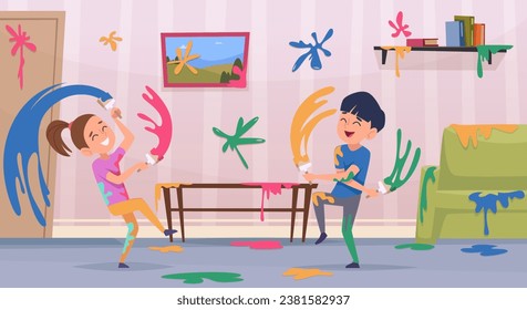 Kids with paint. Little artists playing with color paints and brushes exact vector cartoon background