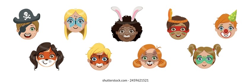 Kids With Painted Faces at Party or Festive Carnival Vector Set