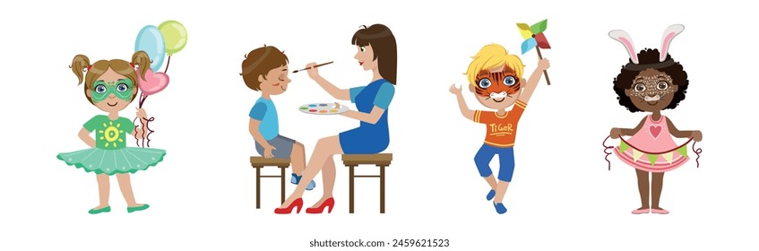 Kids With Painted Faces at Party or Festive Carnival Vector Set