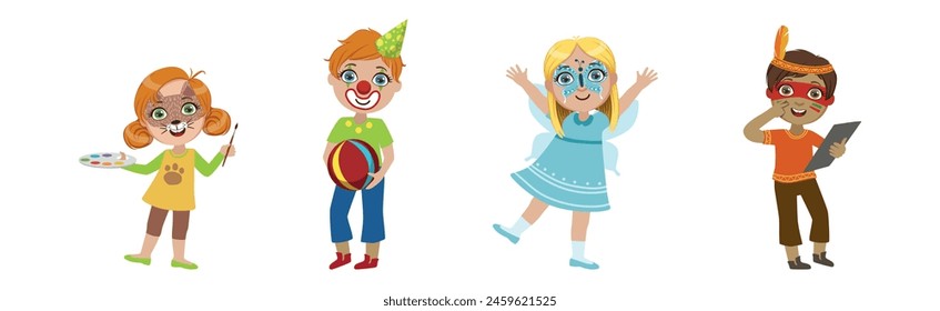 Kids With Painted Faces at Party or Festive Carnival Vector Set