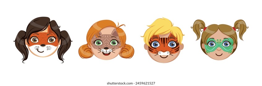 Kids With Painted Faces at Party or Festive Carnival Vector Set